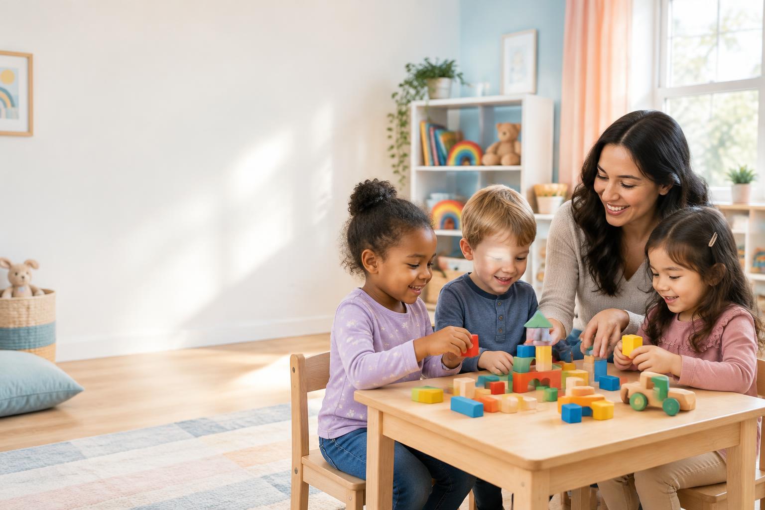 Children exploring colorful building blocks with a caring teacher in a bright playroom
